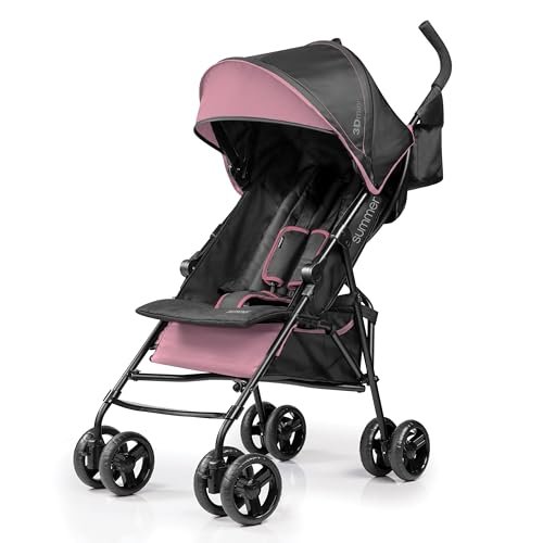 Summer by Ingenuity 3D Mini Convenience Stroller – Lightweight Stroller with Compact Fold, Multi-Position Recline, Canopy with Pop Out Sun Visor and More – Umbrella Stroller for Travel, Pink