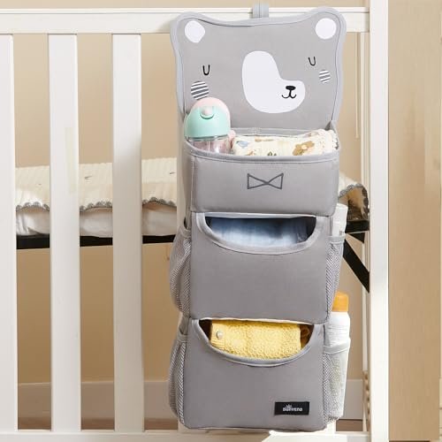 SUNEVNO Hanging Baby Diaper Caddy Organizer Diaper Stacker, Baby Crib Hanging Classified Storage Bag Organizer for Changing Table Crib Playard or Wall & Nursery Organization (Gray Bear)