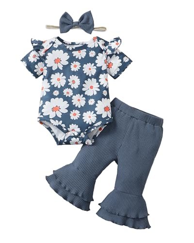 SUNNY PIGGY Baby Girl Clothes Ruffle Short Sleeve Romper Long Pants Set with Headband Newborn Infant Outfits