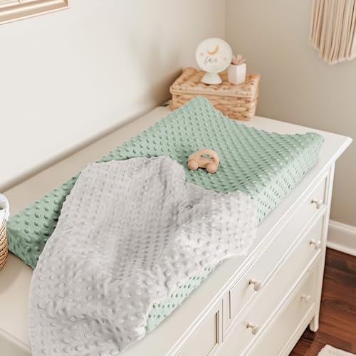 Susurration 2Pack Changing Pad Covers Super Soft Minky Dots Plush Changing Table Covers 33x17x7in Breathable Changing Pad Sheets for Unisex Baby Girls and Boys (Grey&Green)