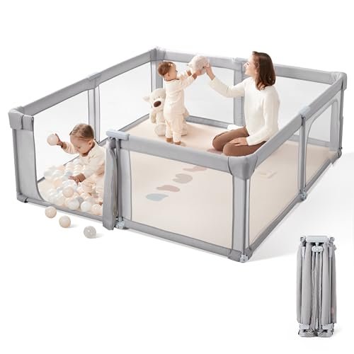 Sweeby Baby Playpen, 59x59 Inch Gate Foldable for Babies and Toddlers, Extra Large with Door Play Yard for Fence Indoor and Outdoor, Gray
