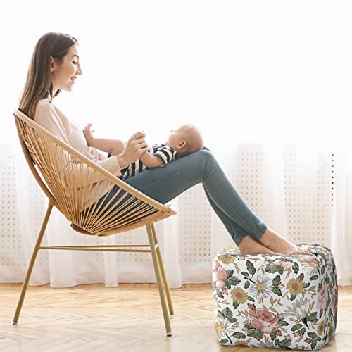 Sweet Jojo Designs Blush Pink Yellow Vintage Floral Boho Girl Ottoman Pouf Cover Unstuffed Poof Floor Footstool Square Cube Pouffe Storage Baby Nursery Kids Room Bohemian Shabby Chic Farmhouse White