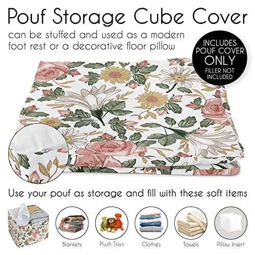 Sweet Jojo Designs Blush Pink Yellow Vintage Floral Boho Girl Ottoman Pouf Cover Unstuffed Poof Floor Footstool Square Cube Pouffe Storage Baby Nursery Kids Room Bohemian Shabby Chic Farmhouse White
