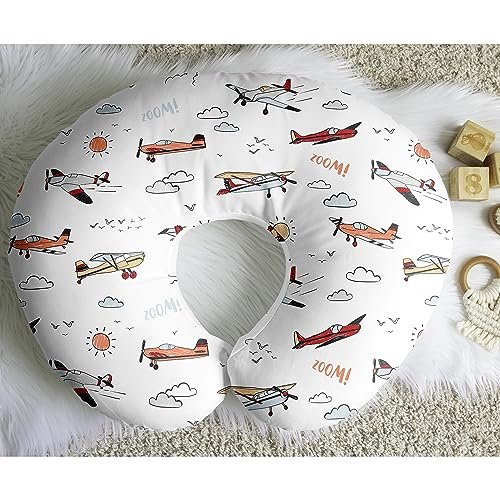 Sweet Jojo Designs Vintage Airplane Boy Nursing Pillow Cover Baby Breastfeeding Slipcover Infant Newborn Nursery Bottle Breast Feeding Pillowcase(Pillow NOT Included) - Airplanes Transportation Clouds