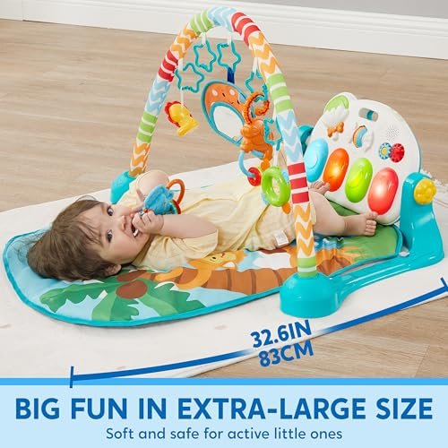 SYNCFUN Baby Play Mat, Tummy Time Mat Toys, Baby Musical Learning Toys 0-6 Months, Adorable Animal-Themed Play Gym with Piano Panel, Newborn Gifts for 0-3 6 9 12 Months