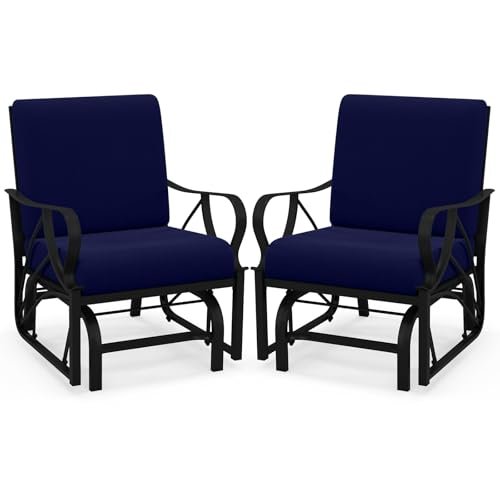 Tangkula Outdoor Patio Glider, Metal Framed Gliding Chair with Cushion, Ergonomic Single-Person Outdoor Patio Chair with Curved Armrest, Smooth Rocking Arms for Porch, Patio (2)