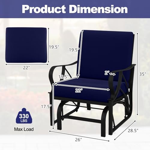 Tangkula Outdoor Patio Glider, Metal Framed Gliding Chair with Cushion, Ergonomic Single-Person Outdoor Patio Chair with Curved Armrest, Smooth Rocking Arms for Porch, Patio (2)
