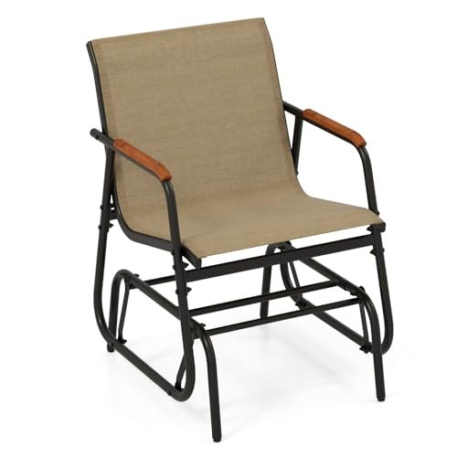 Tangkula Patio Glider Chair, Swing Gliding Armchair w/Curved Teak Armrests & Breathable Fabric Seat, Outdoor Metal Frame Rocking Chair Set for Porch, Backyard, Poolside (1 Pack)