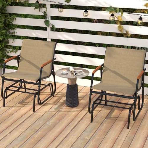 Tangkula Patio Glider Chair, Swing Gliding Armchair w/Curved Teak Armrests & Breathable Fabric Seat, Outdoor Metal Frame Rocking Chair Set for Porch, Backyard, Poolside (1 Pack)