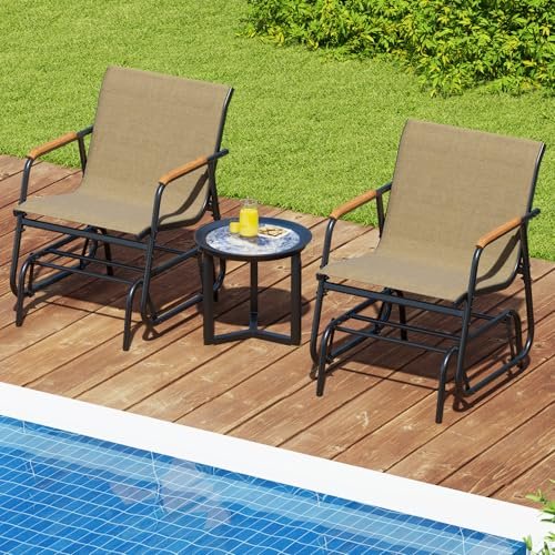 Tangkula Patio Glider Chair, Swing Gliding Armchair w/Curved Teak Armrests & Breathable Fabric Seat, Outdoor Metal Frame Rocking Chair Set for Porch, Backyard, Poolside (1 Pack)