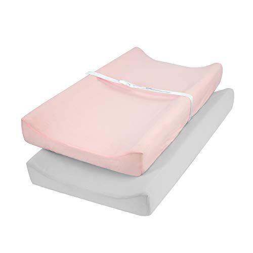 TILLYOU Changing Pad Cover Set in Soft Jersey Material Diaper Changing Table Sheets - Fits 32"/34''x16 Contoured Pad for Babies,Peachy Pink & Lt Gray