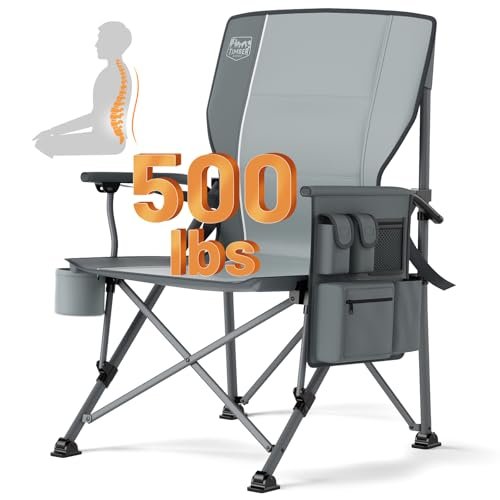 TIMBER RIDGE Oversized Folding Camping Chair with Lumbar Support Adjustable High Back Heavy Duty for Adults Support up to 500lbs with Cup Holder, Cooler Bag, Side Pocket, Grey