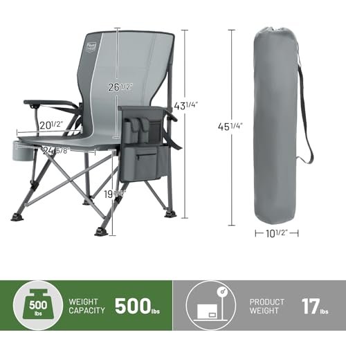 TIMBER RIDGE Oversized Folding Camping Chair with Lumbar Support Adjustable High Back Heavy Duty for Adults Support up to 500lbs with Cup Holder, Cooler Bag, Side Pocket, Grey