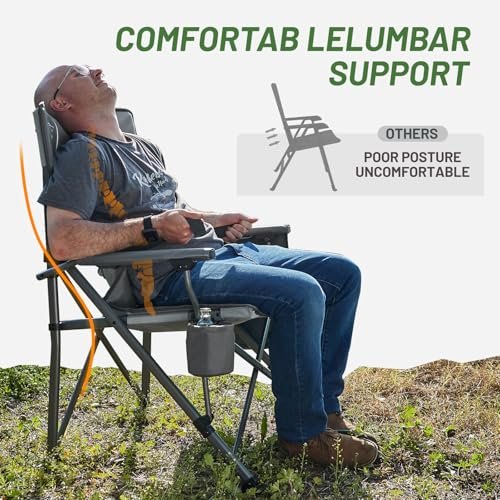 TIMBER RIDGE Oversized Folding Camping Chair with Lumbar Support Adjustable High Back Heavy Duty for Adults Support up to 500lbs with Cup Holder, Cooler Bag, Side Pocket, Grey