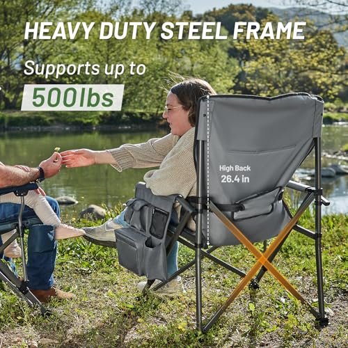 TIMBER RIDGE Oversized Folding Camping Chair with Lumbar Support Adjustable High Back Heavy Duty for Adults Support up to 500lbs with Cup Holder, Cooler Bag, Side Pocket, Grey