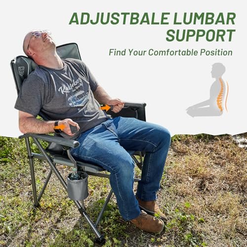 TIMBER RIDGE Oversized Folding Camping Chair with Lumbar Support Adjustable High Back Heavy Duty for Adults Support up to 500lbs with Cup Holder, Cooler Bag, Side Pocket, Grey