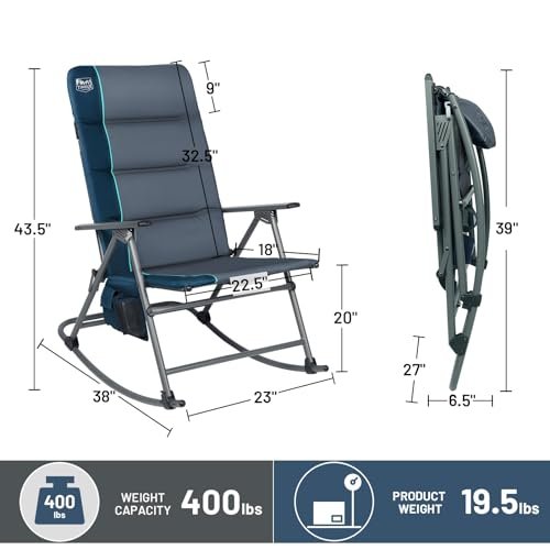 TIMBER RIDGE Oversized Folding Rocking Camping Chair, Padded Outdoor Rocker with High Back, Portable Outdoor Chair for Patio, Garden, Lawn, Supports up to 400 lbs, Blue