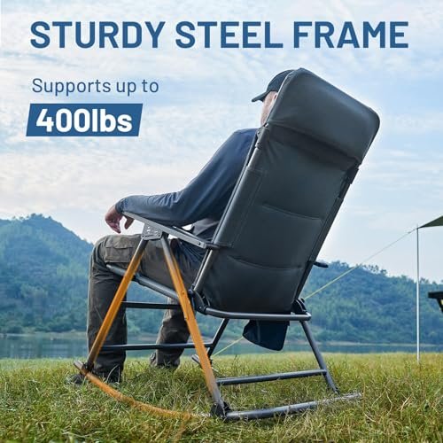 TIMBER RIDGE Oversized Folding Rocking Camping Chair, Padded Outdoor Rocker with High Back, Portable Outdoor Chair for Patio, Garden, Lawn, Supports up to 400 lbs, Blue