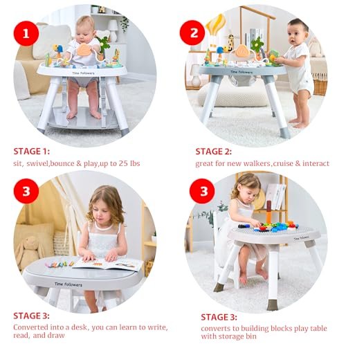 Time Followers® Baby Activity Center | 3-Stage 4Modes Standing Play Table | Baby Essential,Exersaucer, Jumper & Bouncer | Montessori-Inspired Design for Ages 6M+ (Grey)