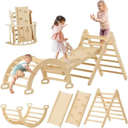 Tiny Land Pikler Triangle Set, 7-in-1 Foldable Pikler Triangle Climbing Toys Set for Kids,Baby Indoor Playground Jungle Gym, Wooden Montessori Climbing Set for Toddler (Natural)