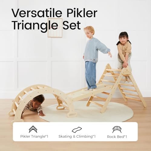 Tiny Land Pikler Triangle Set, 7-in-1 Foldable Pikler Triangle Climbing Toys Set for Kids,Baby Indoor Playground Jungle Gym, Wooden Montessori Climbing Set for Toddler (Natural)