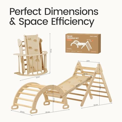 Tiny Land Pikler Triangle Set, 7-in-1 Foldable Pikler Triangle Climbing Toys Set for Kids,Baby Indoor Playground Jungle Gym, Wooden Montessori Climbing Set for Toddler (Natural)