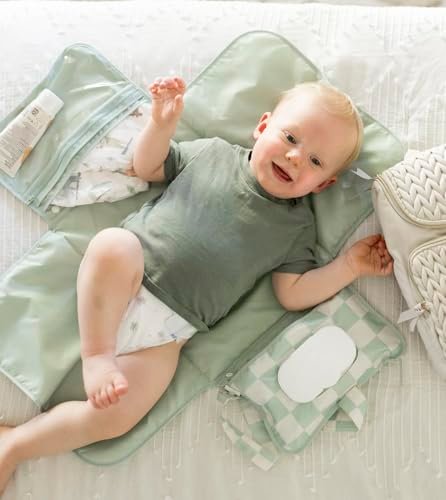Tiny Twinkle Portable Diaper Changing Pad-Foldable Waterproof Changing Mat&Portable Changing Pad for Travel,Baby Changing Station with Smart Wipes Pocket&Storage (Sage Checkers)