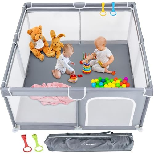 Todale 50”×50” Baby Playpen - Safe Infant & Toddler Gate for Crib - Portable Floor Yard with Anti-Slip Base and Breathable Mesh in Gray - Playpen for Babies and Toddlers, Gray