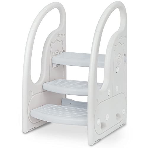 Toddler 3 Step Stool Onasti Kids Standing Tower for Toddlers Plastic Learning Helper Stool for Kitchen Counter Bathroom Sink Toilet Potty Training with Handles and Non-Slip Pads-Grey White