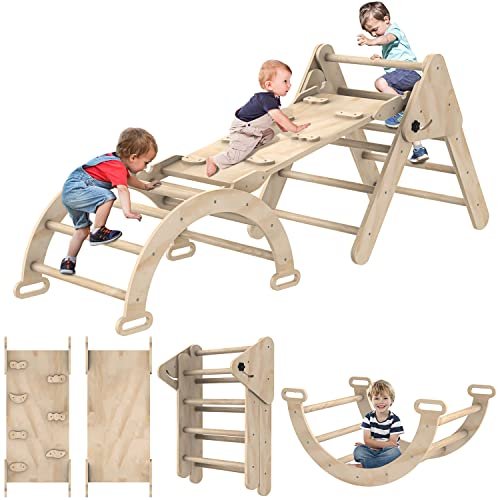 Toddler Climbing Toys Indoor, Montessori Climbing Set with Triangle Climber, Arch Ramp, Rock Climber, Slide, Rocker, Wooden Montessori Toys for Toddlers