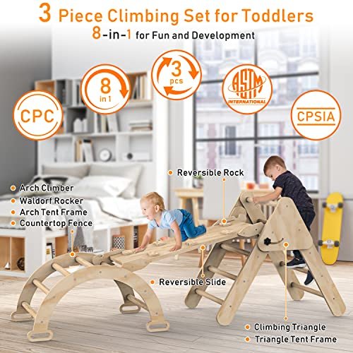 Toddler Climbing Toys Indoor, Montessori Climbing Set with Triangle Climber, Arch Ramp, Rock Climber, Slide, Rocker, Wooden Montessori Toys for Toddlers