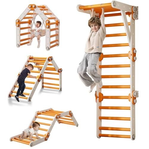 Toddler Climbing Toys,Kids Pikler Triangle Set,Montessori Indoor Play Gym,Multifunction Foldable Indoor Climbing Gym for Kids(Orange)