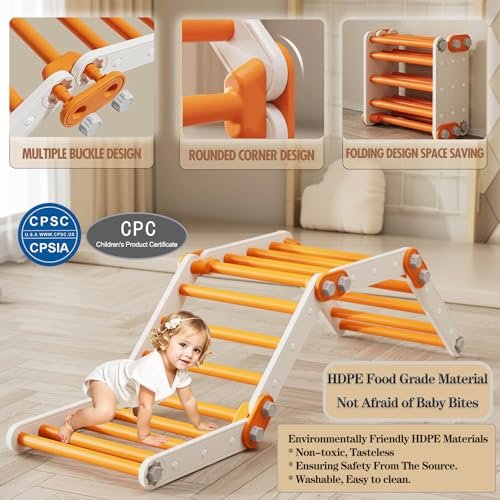 Toddler Climbing Toys,Kids Pikler Triangle Set,Montessori Indoor Play Gym,Multifunction Foldable Indoor Climbing Gym for Kids(Orange)