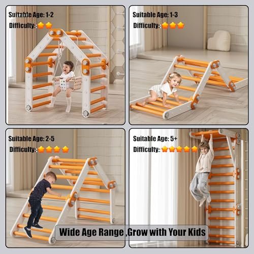 Toddler Climbing Toys,Kids Pikler Triangle Set,Montessori Indoor Play Gym,Multifunction Foldable Indoor Climbing Gym for Kids(Orange)