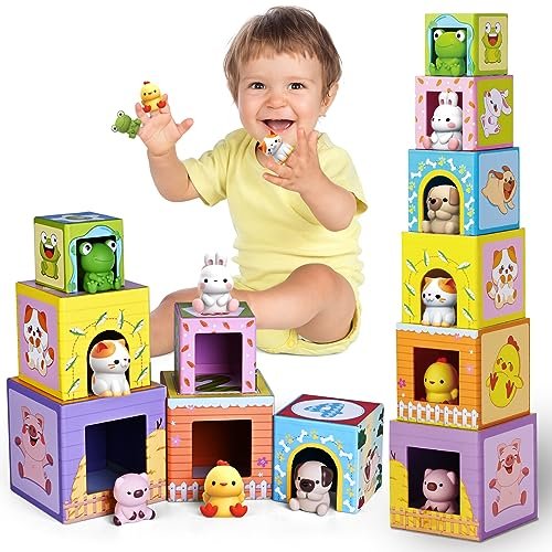 Toddler Farm Animal Sorting and Stacking Toys, Nesting Boxes and Blocks With Finger Puppets - Gifts for 1-3 Year Olds