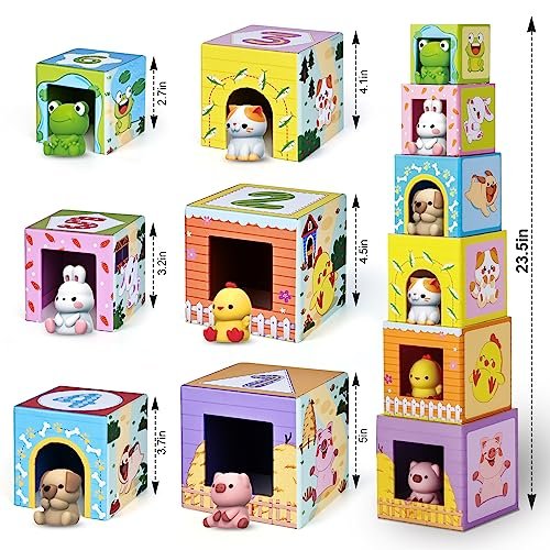Toddler Farm Animal Sorting and Stacking Toys, Nesting Boxes and Blocks With Finger Puppets - Gifts for 1-3 Year Olds