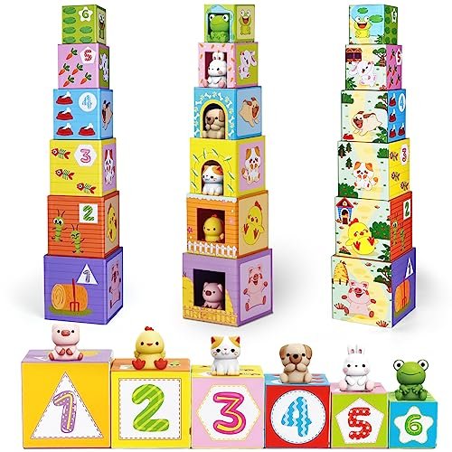 Toddler Farm Animal Sorting and Stacking Toys, Nesting Boxes and Blocks With Finger Puppets - Gifts for 1-3 Year Olds