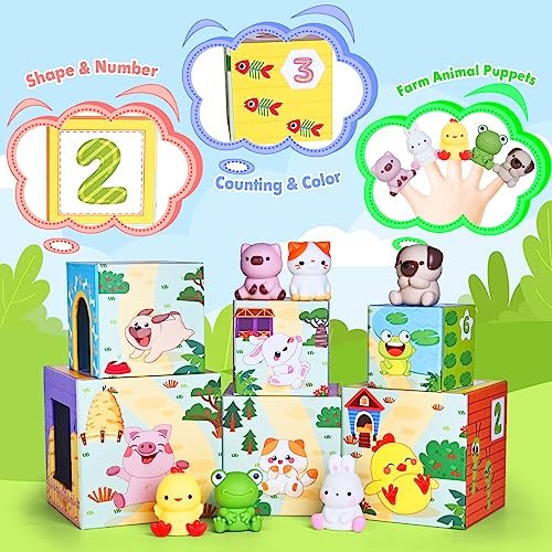 Toddler Farm Animal Sorting and Stacking Toys, Nesting Boxes and Blocks With Finger Puppets - Gifts for 1-3 Year Olds