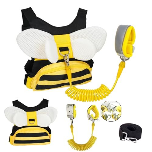 Toddler Harness with Anti Lost Wrist Link - 3-in-1 Baby Safety Leash Backpack, Adjustable Kids Walking Belt with Pocket,Child Locking Wristband for Boys & Girls for Outdoor Travel, Yellow Bee