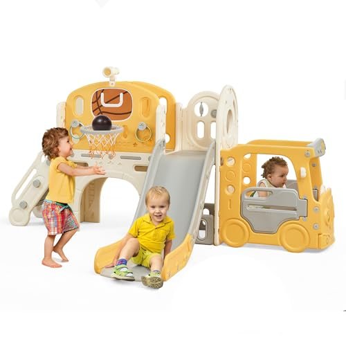 Toddler Slide Indoor Playground for Kids 1-3, 10 in 1 Climber Slide PlaySet for Toddlers 1-3, Baby Slide with Bus Playhouse, Basketball Hoop, Soccer, Toddler Outdoor Playset Backyard, Yellow