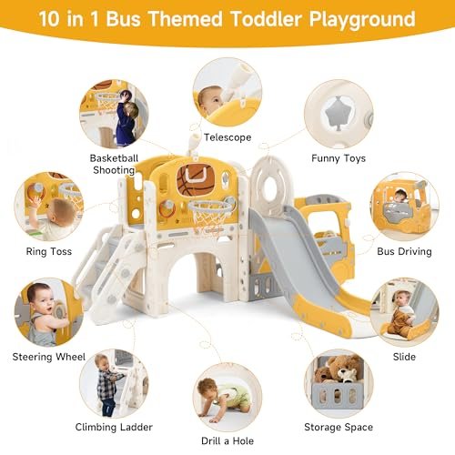 Toddler Slide Indoor Playground for Kids 1-3, 10 in 1 Climber Slide PlaySet for Toddlers 1-3, Baby Slide with Bus Playhouse, Basketball Hoop, Soccer, Toddler Outdoor Playset Backyard, Yellow