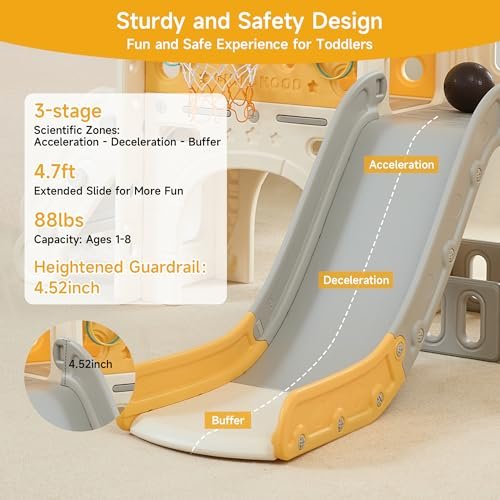 Toddler Slide Indoor Playground for Kids 1-3, 10 in 1 Climber Slide PlaySet for Toddlers 1-3, Baby Slide with Bus Playhouse, Basketball Hoop, Soccer, Toddler Outdoor Playset Backyard, Yellow