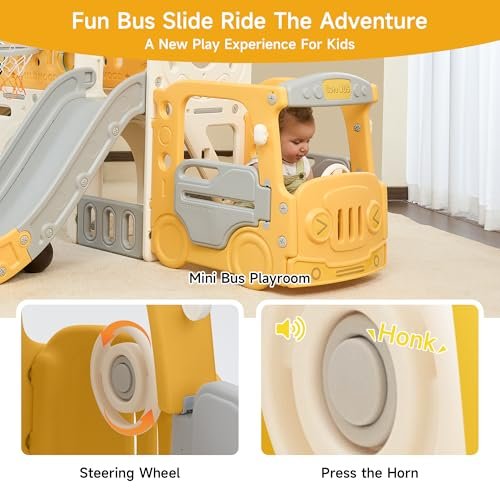 Toddler Slide Indoor Playground for Kids 1-3, 10 in 1 Climber Slide PlaySet for Toddlers 1-3, Baby Slide with Bus Playhouse, Basketball Hoop, Soccer, Toddler Outdoor Playset Backyard, Yellow
