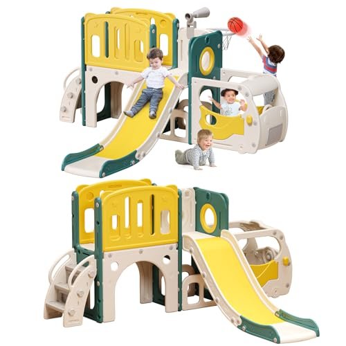 Toddler Slide Kids Slide Playset for Babies Bus Themed Toddler Playground with Climber Baskteball Hoop Indoor Playground Outdoor