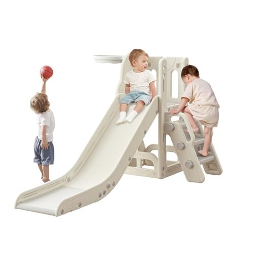 Toddler Slide,Kids Climber Slide with Storage Space and Non-Slip Steps,Indoor Outdoor Playset with Basketball Hoopa and Telescope,Slide for Toddlers Age 1-3