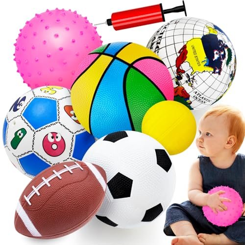 Toddler Sports Balls Set - 7pcs Indoor/Outdoor Toys for Boys & Girls (1-3 yrs) - Soccer, Basketball, Tennis, Rugby Balls with Bag