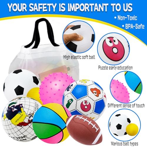 Toddler Sports Balls Set - 7pcs Indoor/Outdoor Toys for Boys & Girls (1-3 yrs) - Soccer, Basketball, Tennis, Rugby Balls with Bag