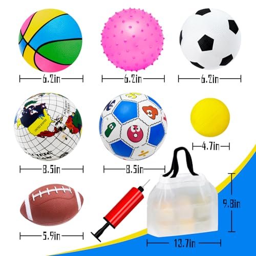 Toddler Sports Balls Set - 7pcs Indoor/Outdoor Toys for Boys & Girls (1-3 yrs) - Soccer, Basketball, Tennis, Rugby Balls with Bag