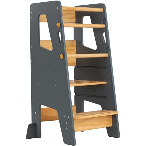 Toddler Standing Tower - Adjustable Height Toddler Kitchen Stool Helper - Ideal Kids Kitchen Step Stool for Learning New Skills - Updated Design with Safety Feet - Gray