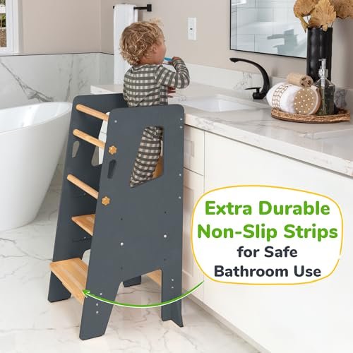 Toddler Standing Tower - Adjustable Height Toddler Kitchen Stool Helper - Ideal Kids Kitchen Step Stool for Learning New Skills - Updated Design with Safety Feet - Gray